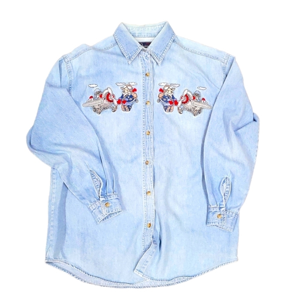 Lets Quizz Again New York Denim Long Sleeve Embroidered Flying Bear Women's Sz S - Picture 7 of 9